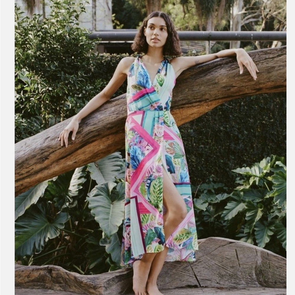 Zara Tropical Print Cross Back Silk Satin Maxi Dress
